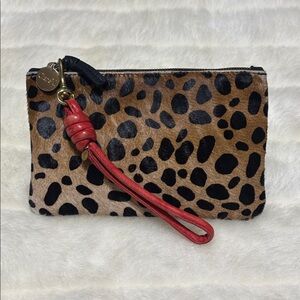 ✨Clare V Leopard Calf Hair Pouch Wristlet w/ Red Leather Strap OS✨